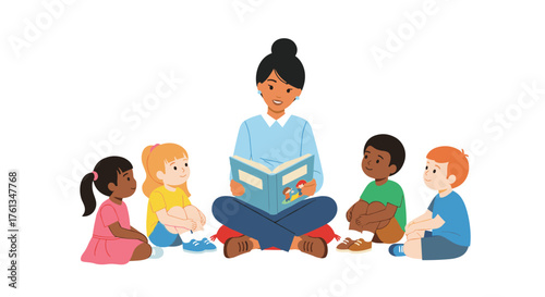 Inspiring educator sharing captivating stories with diverse young learners in a bright, cheerful classroom setting