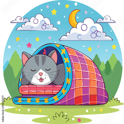A cartoon cat sleeping in a colorful cat bed outdoors