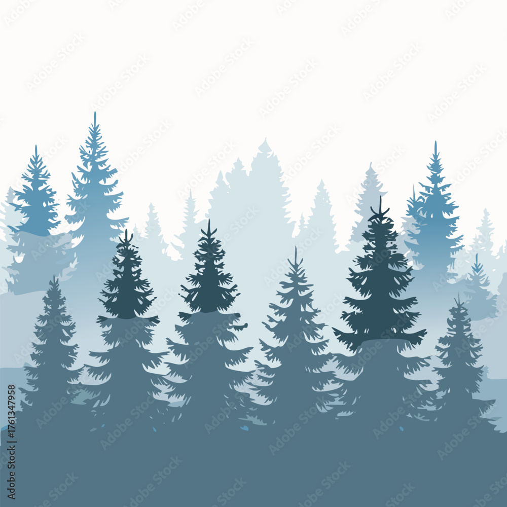 Obraz premium A gradient of blue pine trees in a foggy forest
