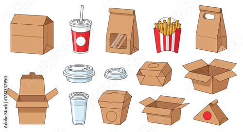 Vector illustration of fast food packaging and container icons