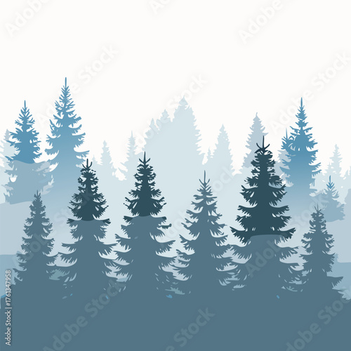 A gradient of blue pine trees in a foggy forest