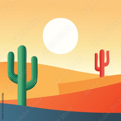 Illustration of desert landscape with cacti and sun