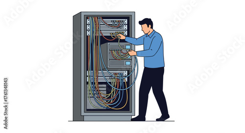 Skilled technician expertly managing complex server room cabling for optimal network performance and system reliability