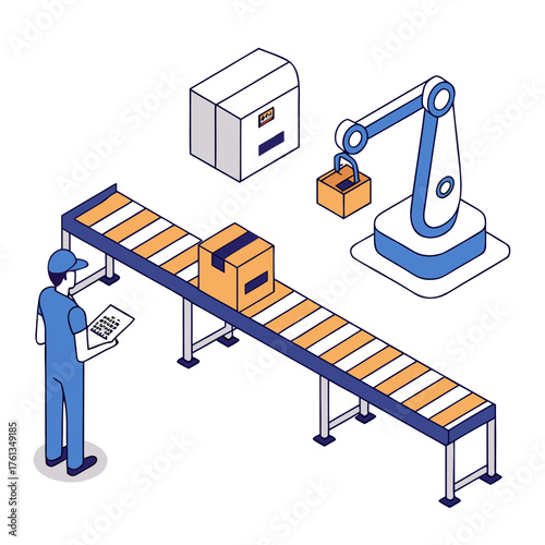 Modern factory automation with a robotic arm and conveyor belt system inspecting packages and a worker overseeing the process