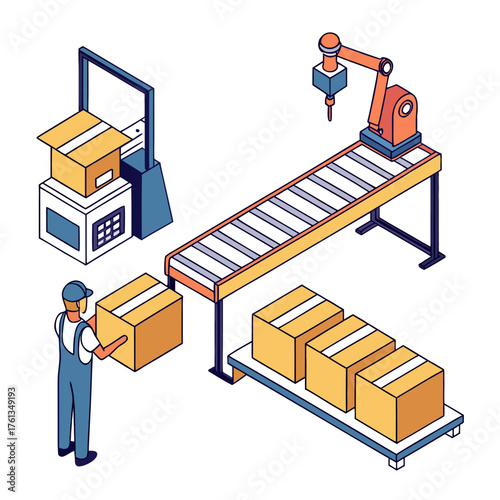 Modern factory scene with a worker loading boxes onto a conveyor belt next to an automated robotic arm and packaging station