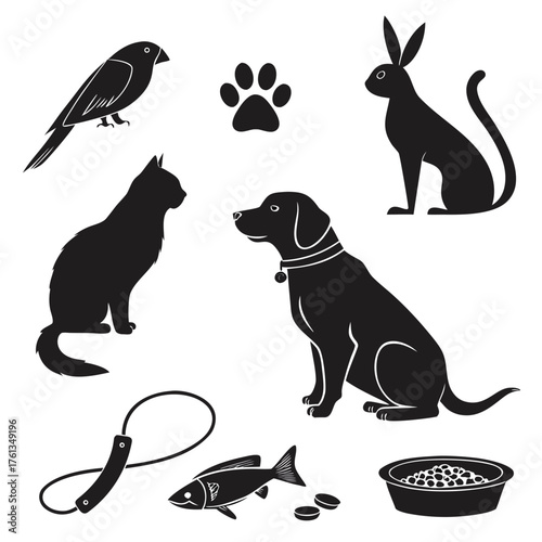 Collection of black silhouettes of domestic animals and pet accessories including a bird cat dog rabbit paw print fish food bowl and toy