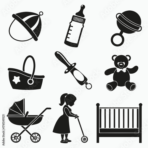 Collection of black silhouette icons representing baby items and childhood activities including a baby bottle rattle teddy bear crib stroller and girl on a scooter