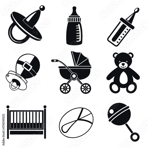 Collection of nine black and white silhouette icons representing essential baby items including pacifiers baby bottles a stroller a teddy bear a crib and a rattle