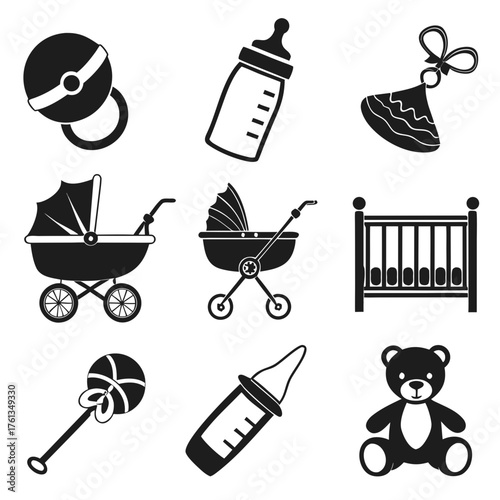 Collection of black silhouette icons representing baby essentials including a rattle feeding bottle baby carriage crib syringe feeder and teddy bear for nursery or infant care themes