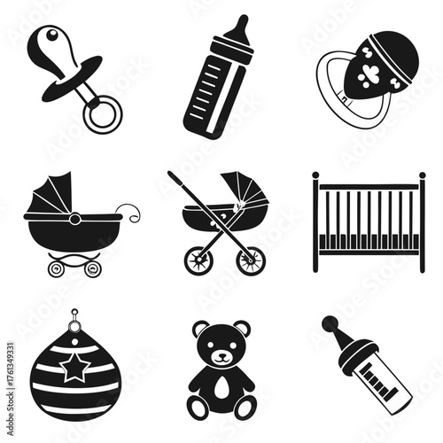 Collection of black and white silhouette icons representing essential baby items including a pacifier baby bottle rattle prams crib teddy bear and baby toy
