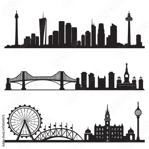 Collection of three distinct black silhouette city skylines featuring iconic landmarks including towers bridges and ferris wheels against a white background