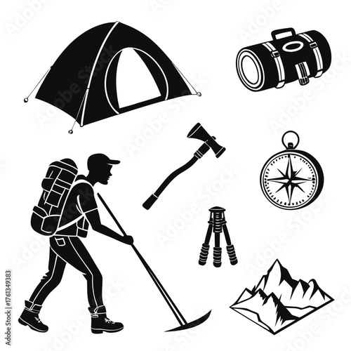 Collection of black silhouette icons representing camping and hiking equipment including a tent backpacker axe compass tripod sleeping bag and mountains