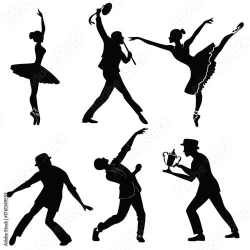 A collection of diverse silhouettes depicting various dance styles including ballet jazz and tap with a trophy winner celebrating success
