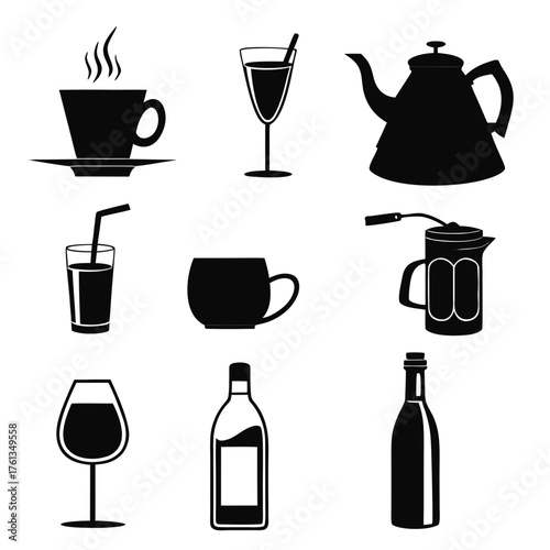 Collection of black silhouette icons representing various beverages and serving vessels including coffee cup wine glass juice glass teapot french press and bottles