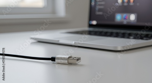 Close-up shows silver USB connector charging modern laptop on a clean white desk indoors.