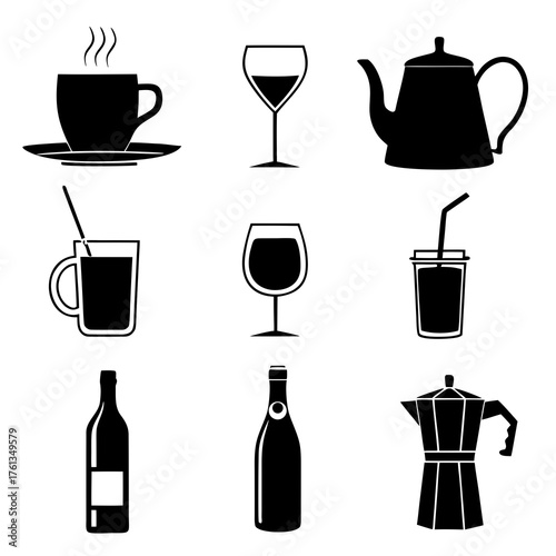 Collection of black silhouette icons representing various beverages and drinkware including coffee tea wine and other refreshments