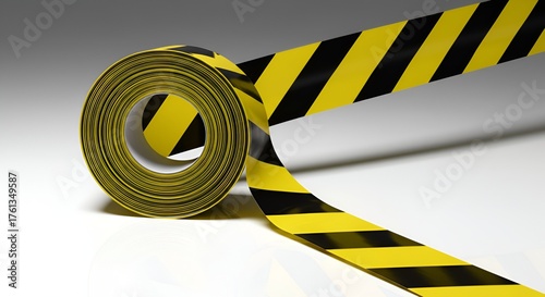 A thick roll of yellow and black striped tape stands ready for use, glossy surface.