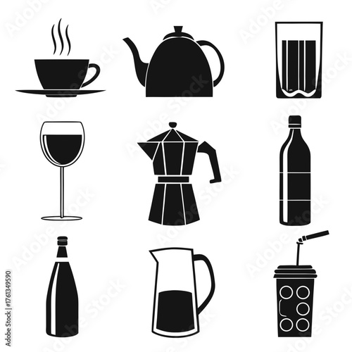 Collection of nine black silhouette icons representing various beverages and drinkware including a steaming coffee cup teapot glass wine glass moka pot bottles pitcher and a to go cup with straw