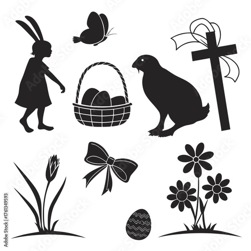 Collection of easter holiday silhouette icons including a girl with bunny ears a basket of eggs a rabbit a butterfly a cross a bow flowers and a decorative egg