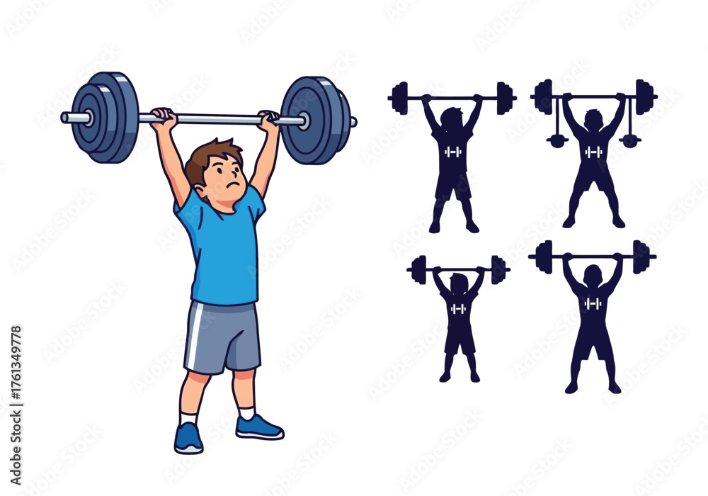 Obraz premium Vector illustration of young boy lifting weights with silhouette figures