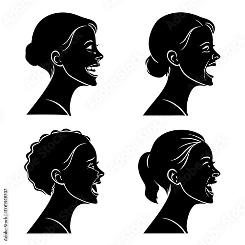 Four silhouette profile views of women s heads expressing various emotions including laughter and shouting against a white background