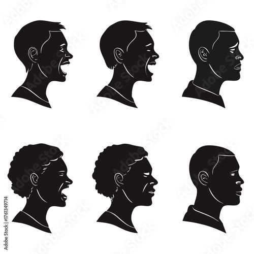 Collection of diverse human head silhouettes in profile showing various emotional expressions like shouting laughing and sadness against a white background