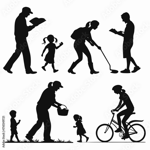 Diverse silhouettes of people engaged in various outdoor activities including reading gardening biking and children playing together