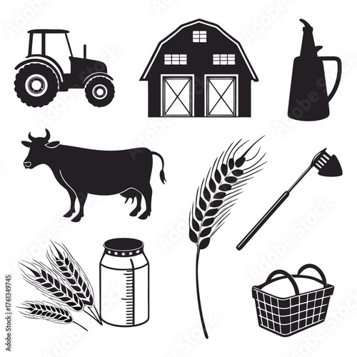 Collection of farm icons featuring a tractor barn cow wheat milk jug oil bottle hoe and basket illustrating agriculture and rural life
