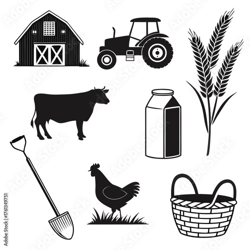 Collection of black silhouette icons representing farm life including a barn tractor cow chicken wheat milk and a shovel and basket