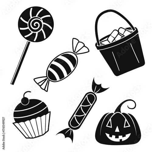 A collection of black and white silhouette icons representing halloween treats including a lollipop wrapped candies a cupcake a candy bucket and a jack o lantern