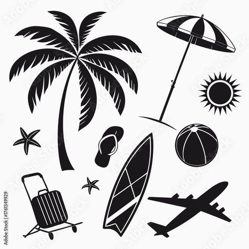 Collection of black silhouette icons representing a tropical vacation including a palm tree surfboard beach umbrella sun airplane luggage flip flops beach ball and starfish