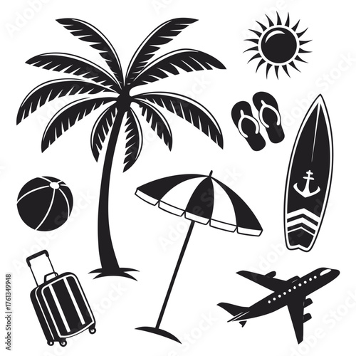 Collection of black silhouette icons representing summer vacation and travel elements including a palm tree beach ball umbrella surfboard airplane and suitcase