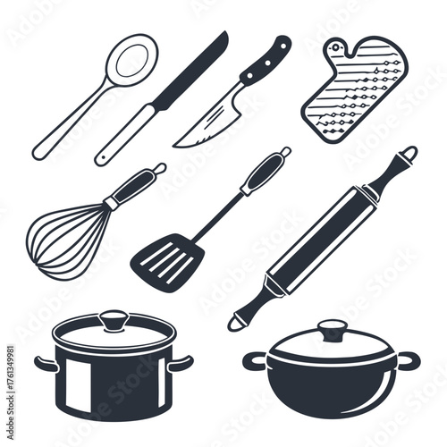 A collection of essential kitchen utensils and cookware including a spoon knives whisk spatula rolling pin oven mitt and pots presented in a clean graphic style