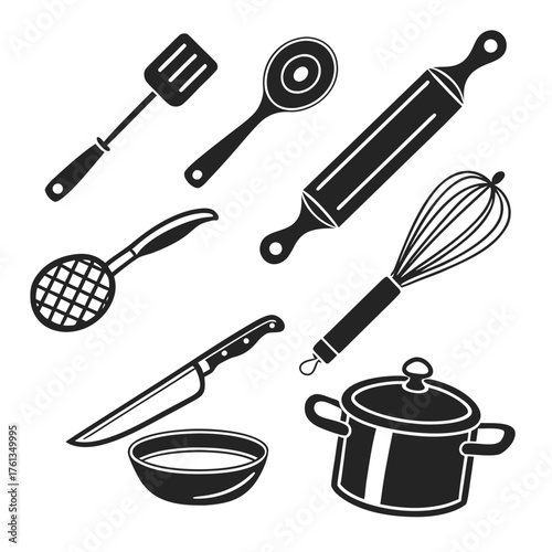 Collection of black silhouette kitchen utensils including a spatula spoon rolling pin whisk knife bowl and pot on a white background