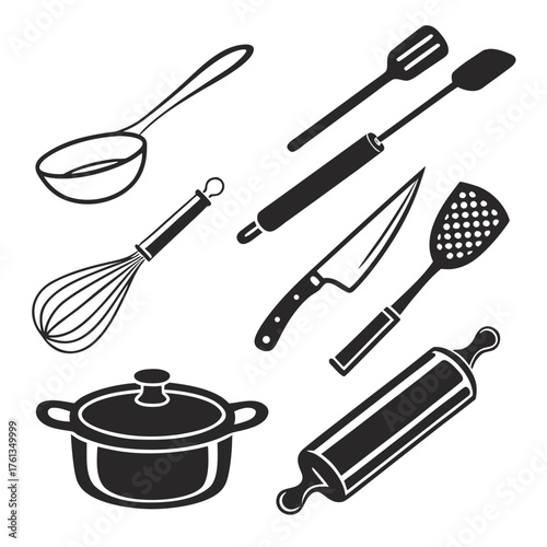 Collection of hand drawn black silhouette kitchen utensils including a ladle whisk rolling pin knife spatula and pot on white background