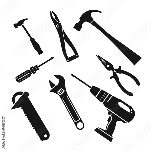 A collection of black silhouette illustrations of various hand tools including hammers pliers screwdrivers a wrench a saw and a drill on a white background