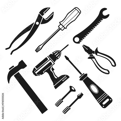 Collection of black silhouette hand tools including a hammer screwdrivers pliers a saw and a power drill on a white background