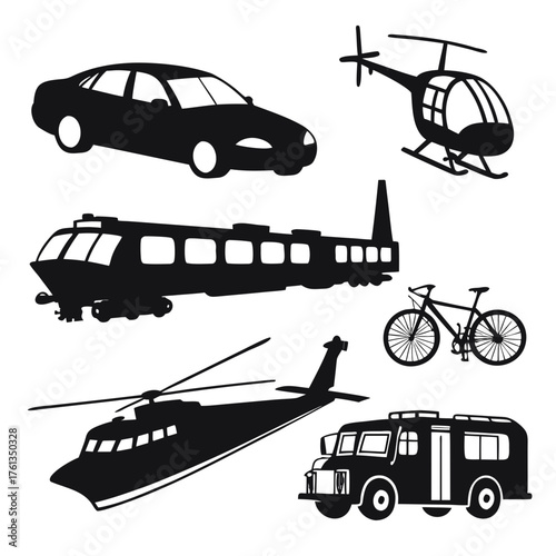 Collection of black silhouette icons representing various modes of transportation including a car train helicopter bicycle and bus on a white background