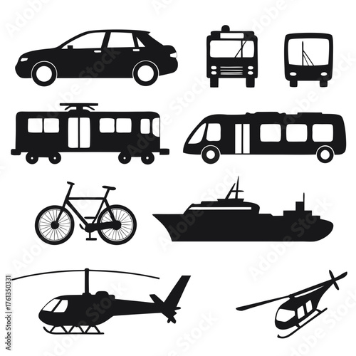 Collection of black silhouette icons representing various modes of transportation including cars buses trams bicycles ships and helicopters on a white background