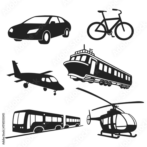 Collection of black silhouette icons representing various modes of transportation including a car bicycle airplane train bus and helicopter