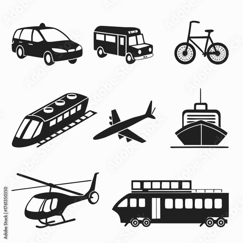 Collection of diverse transportation icons including a taxi bus bicycle train airplane ship helicopter and tram representing various travel modes