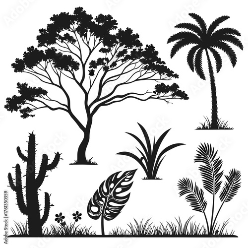 Collection of diverse black silhouette plant and tree illustrations including a saguaro cactus acacia tree palm tree monstera leaf and grass elements on a white background