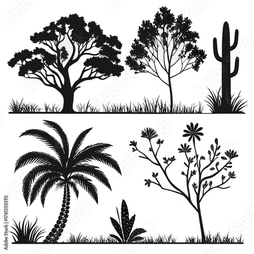 Collection of diverse black silhouette trees including a palm tree cactus and flowering plants with grass elements against a white background
