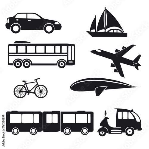 Collection of black silhouette icons representing various modes of transportation including a car bus bicycle airplane sailboat train and scooter on a white background