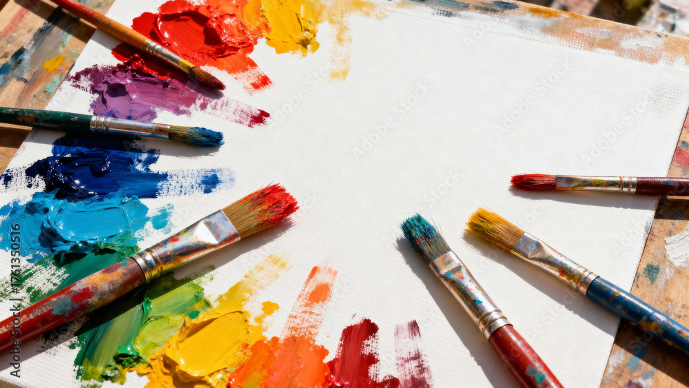 Obraz premium Paintbrushes and colorful paint on a palette surrounding a blank canvas