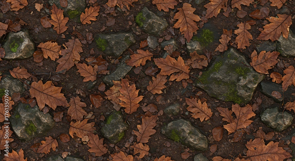 Obraz premium Forest floor featuring fallen oak leaves stones and moss