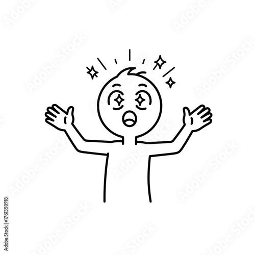 Simple doodle character expressing extreme amazement, eyes wide and arms raised, ideal for surprise or discovery concept.