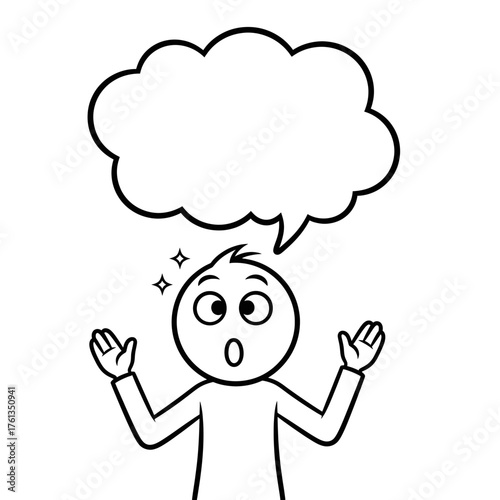 Minimal vector illustration of a stickman expressing astonishment with a blank thought bubble for text or message.