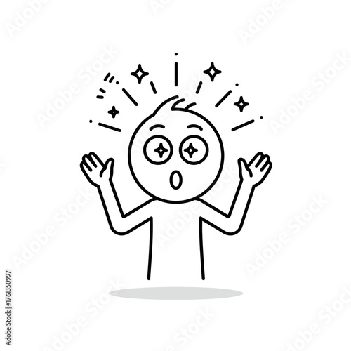 Vector illustration of a simple stickman showing an amazed expression with shining eyes and open mouth, suitable for emotion, surprise, and reaction icons.