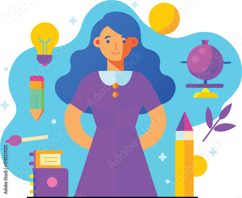 Woman with long blue hair surrounded by educational and creative symbols like a lightbulb and pencils.